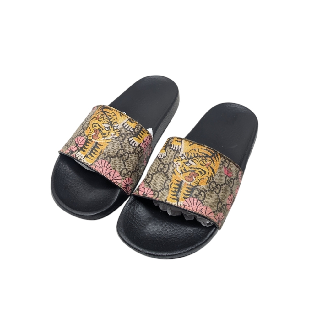 Gucci GG Supreme Tiger Print Slide Sandals in Black, Tan, Yellow, Pink